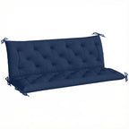 Dark blue 3-seat bench cushion with backrest, tufted quilting, and side ties