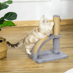 Grey cat climbing tower with arched scratch ramp, sisal post, bell ball toy