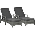 PE Rattan Sun Loungers set of 2 with Cushion, Outdoor 2 Pieces Garden Sunbed Furniture with 4-Level Recliner Backrest, and Armrest, Grey - Bobobiy