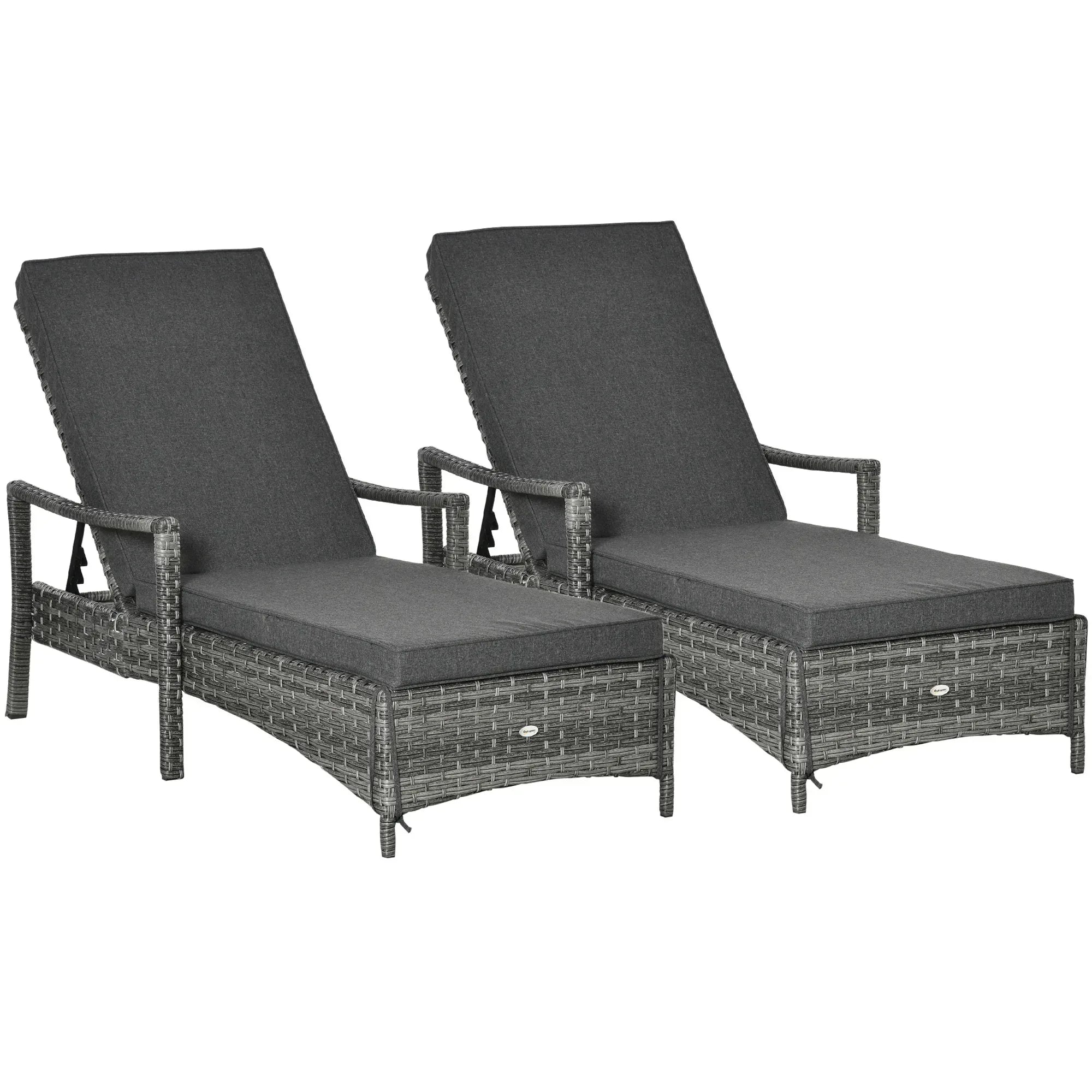 PE Rattan Sun Loungers set of 2 with Cushion, Outdoor 2 Pieces Garden Sunbed Furniture with 4-Level Recliner Backrest, and Armrest, Grey - Bobobiy