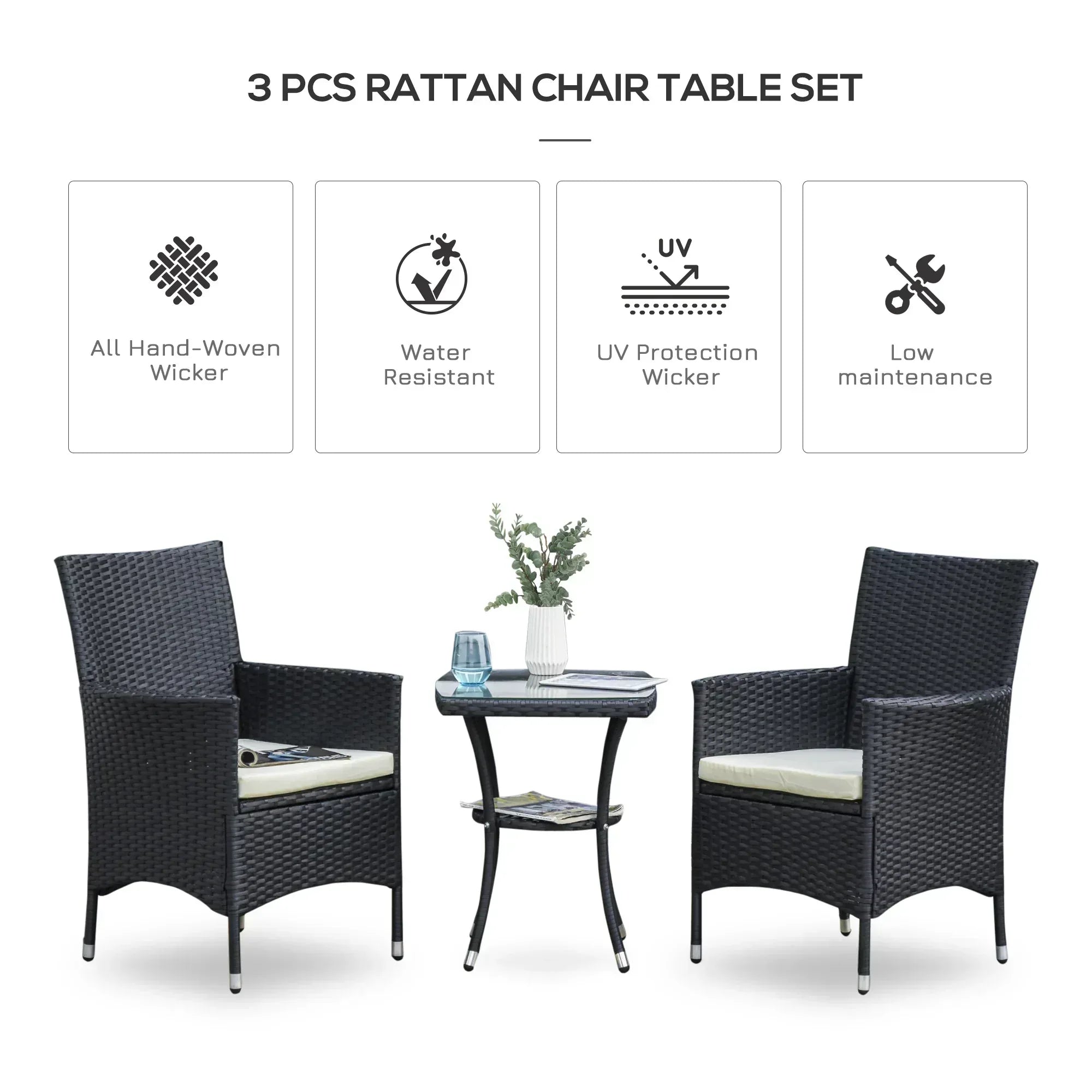3 Pieces Rattan Bistro Set, Wicker Garden Furniture Set with 2-Tier Coffee Table and Chairs, Cushions, for Outdoor Patio Balcony, Black - Bobobiy
