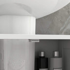 Open interior of a white under-sink cabinet with shelf support and stored bottles