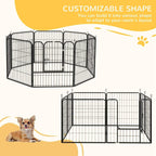 Black wire 8-panel puppy playpen shown in flexible room layout configurations