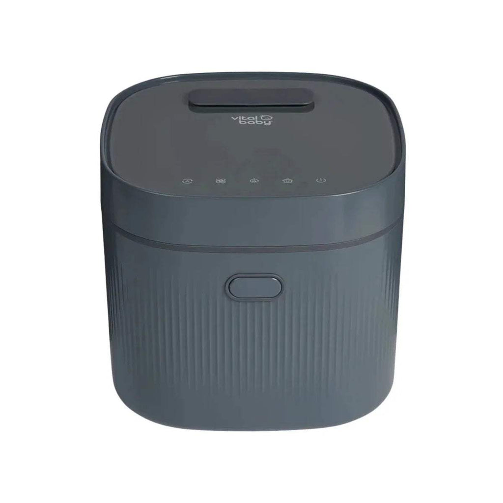Smoky blue baby UV steriliser and dryer, closed lid with control panel on top