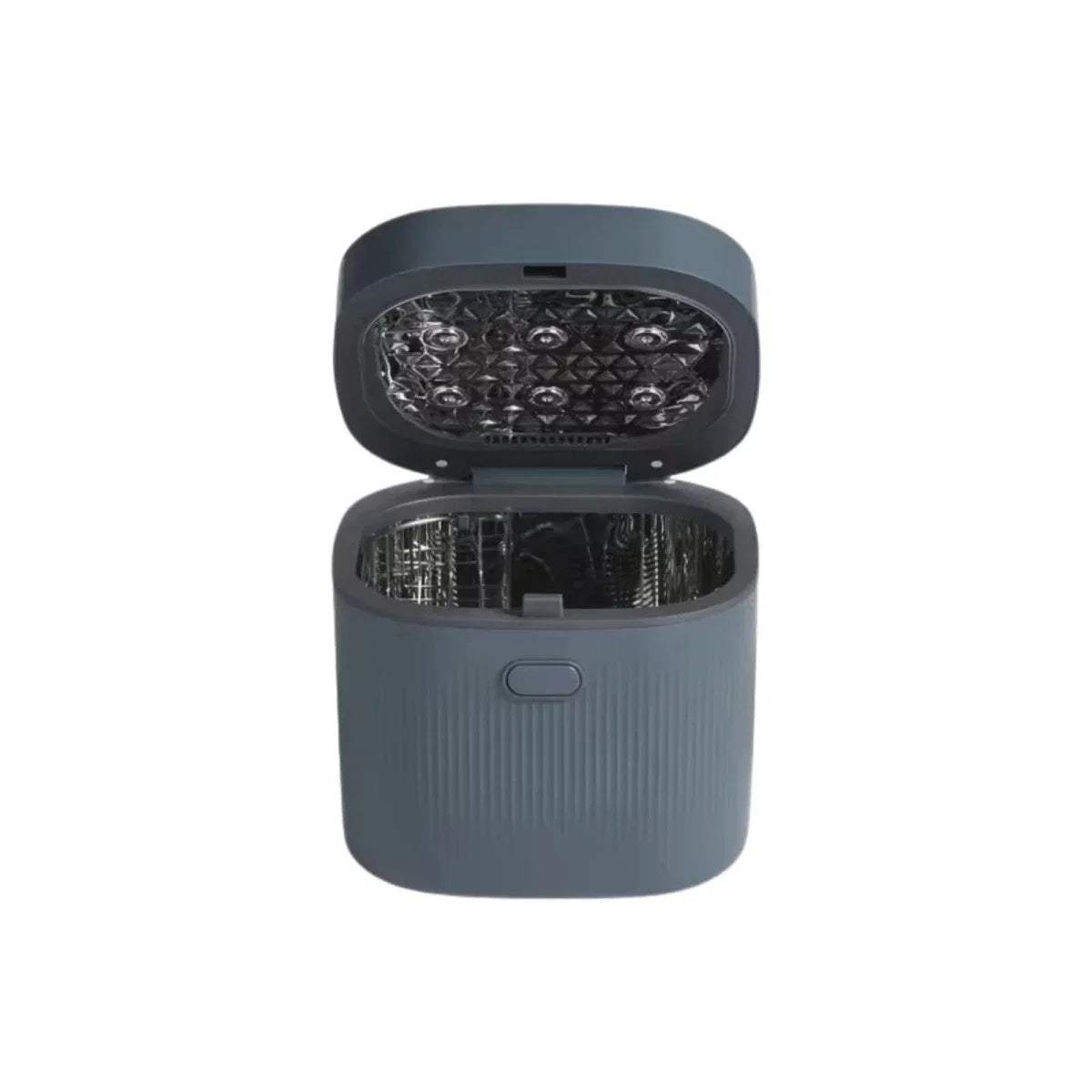 Smoky blue baby UV steriliser and dryer with open lid, interior heating chamber visible
