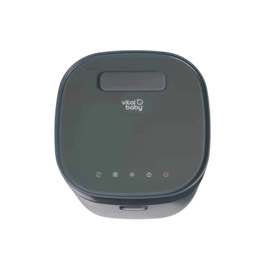Smoky blue baby UV steriliser and dryer, top view showing control buttons
