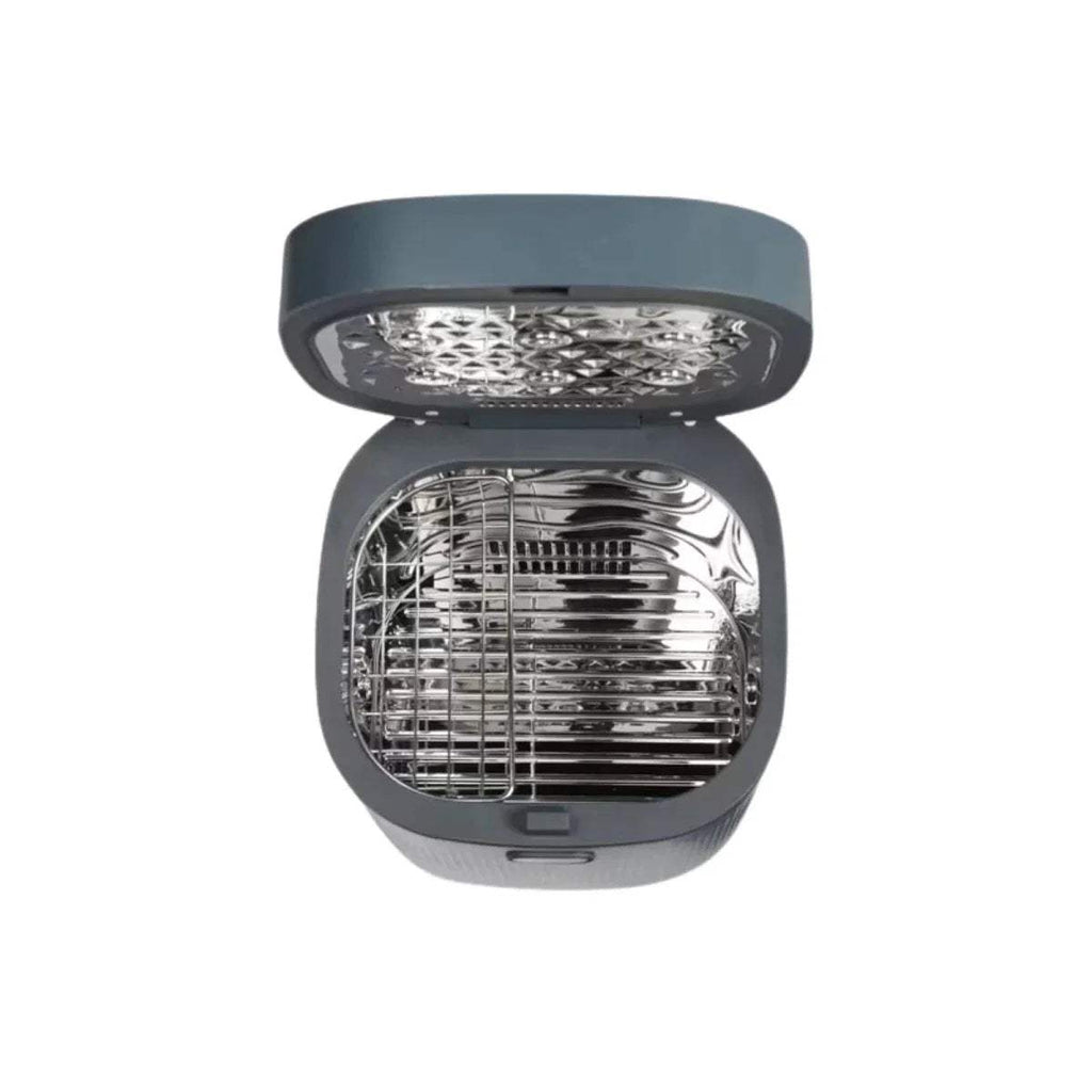Smoky blue baby UV steriliser and dryer with lid open, UV LED chamber shown