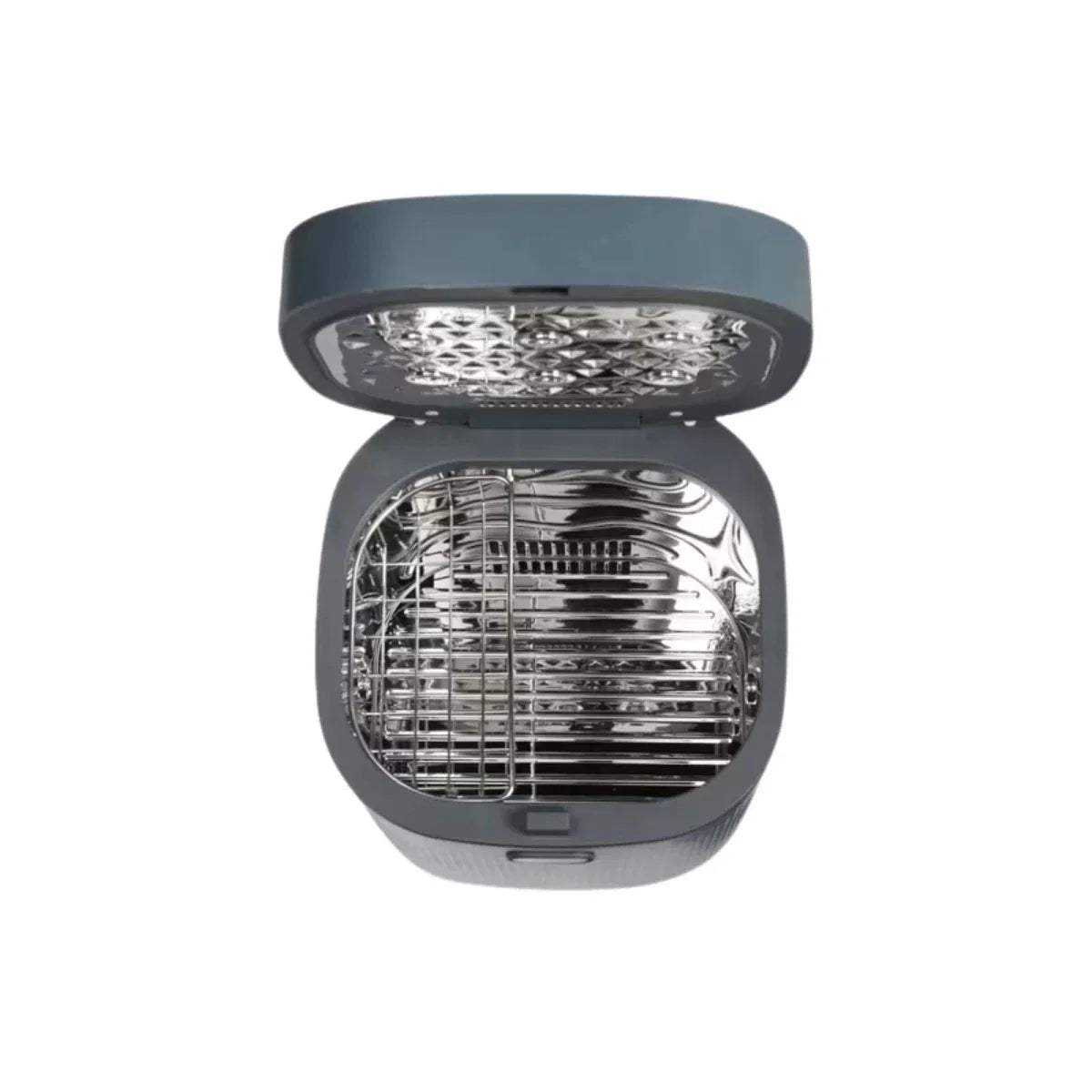 Smoky blue baby UV steriliser and dryer with lid open, UV LED chamber shown