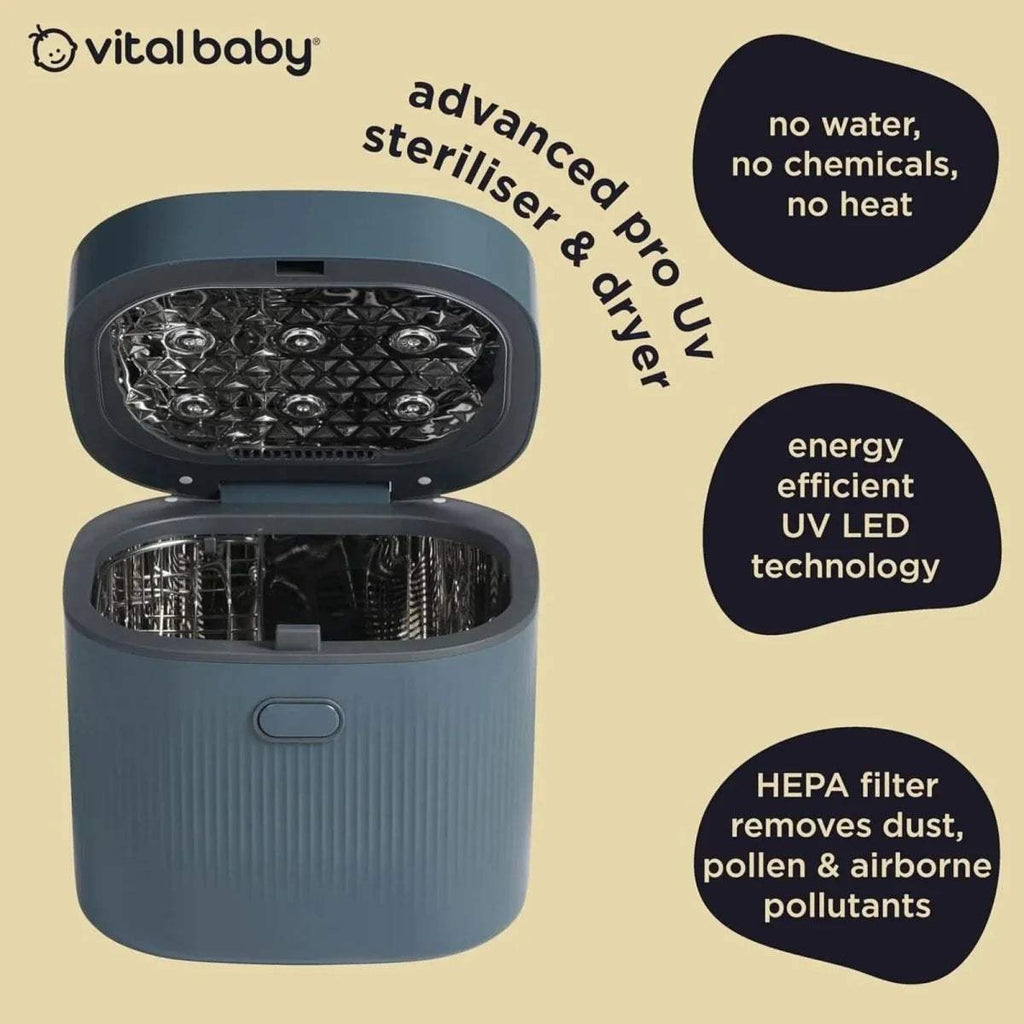 Smoky blue baby UV steriliser and dryer, lid open with interior rack and UV LEDs