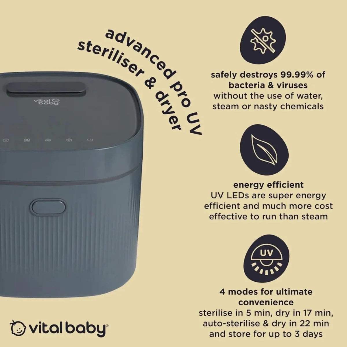 Smoky blue baby UV steriliser and dryer, side view with front handle and control area