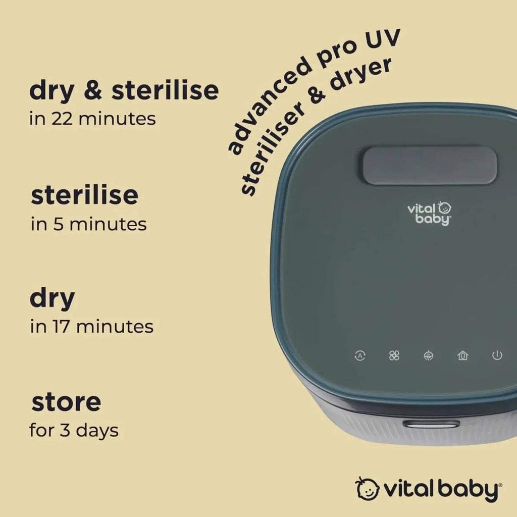 Smoky blue baby UV steriliser and dryer, close-up of top control panel and lid