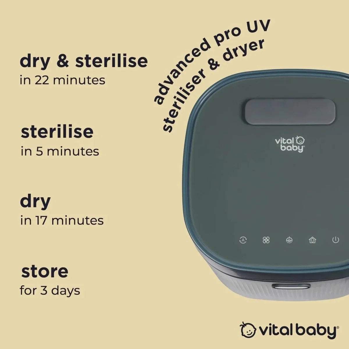 Smoky blue baby UV steriliser and dryer, close-up of top control panel and lid