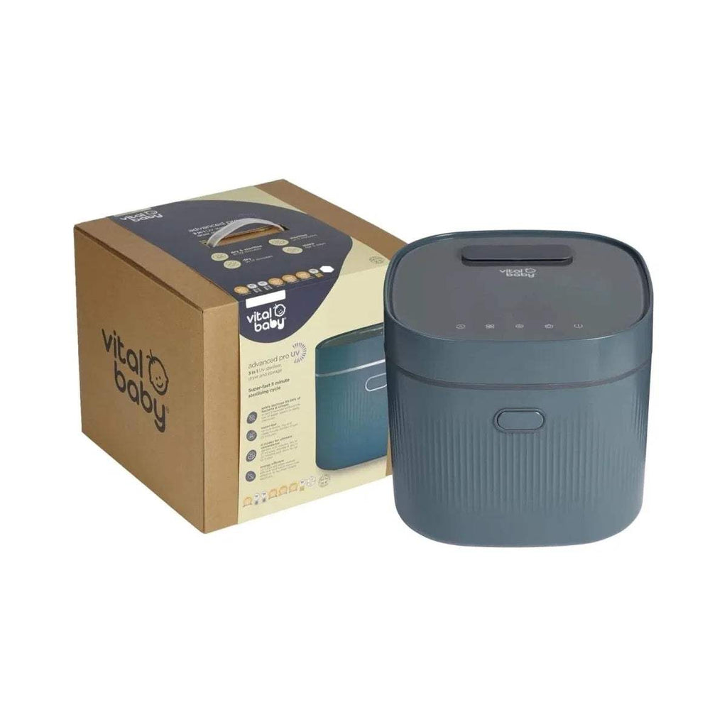 Smoky blue UV steriliser and dryer unit with carry handle and control panel; in box