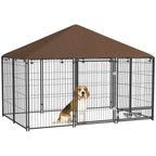 Outdoor dog playpen kennel with brown canopy and black wire panels, door and latch