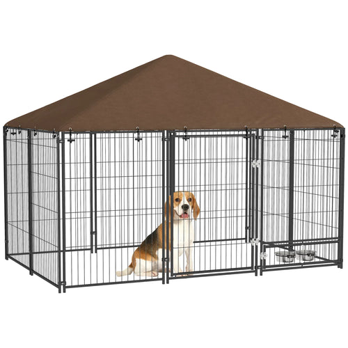 Outdoor dog playpen kennel with brown canopy and black wire panels, door and latch