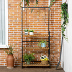 3-tier plant stand with hanging hooks, black metal frame with potted flowers and herbs