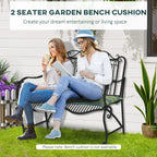 Green and teal striped bench cushion set for outdoor seating, secure tie design