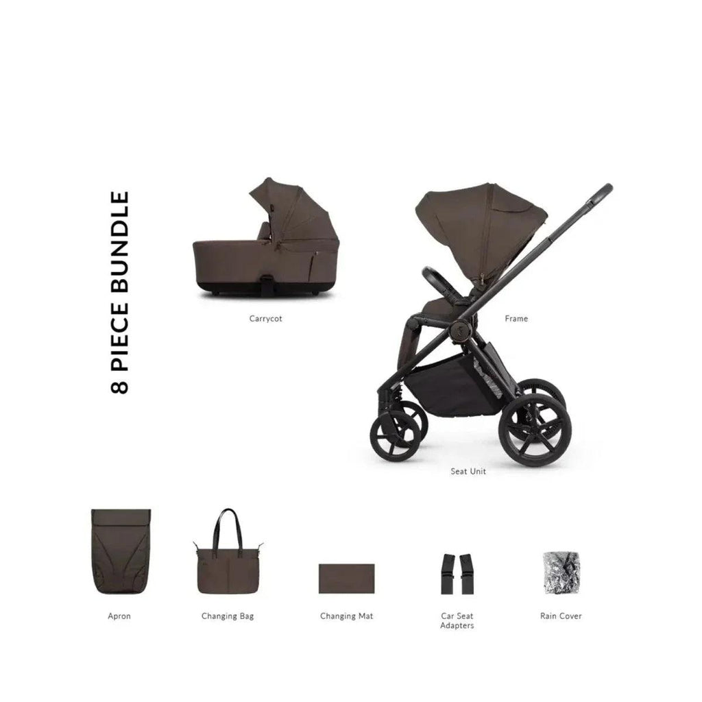 Chocolate 2-in-1 pushchair bundle: carrycot, seat unit, frame, and accessories