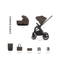 Chocolate 2-in-1 pushchair bundle: carrycot, seat unit, frame, and accessories