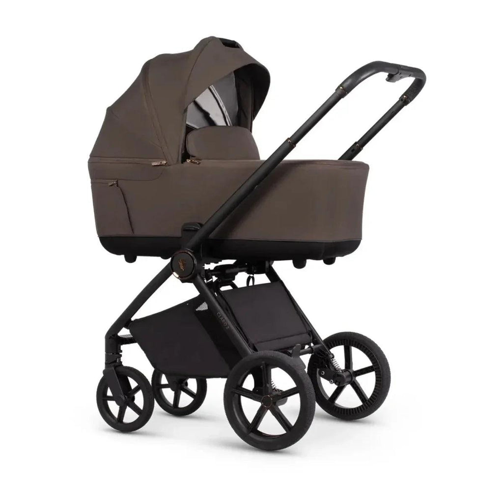 Chocolate 2-in-1 pushchair with carrycot and seat unit, black wheels