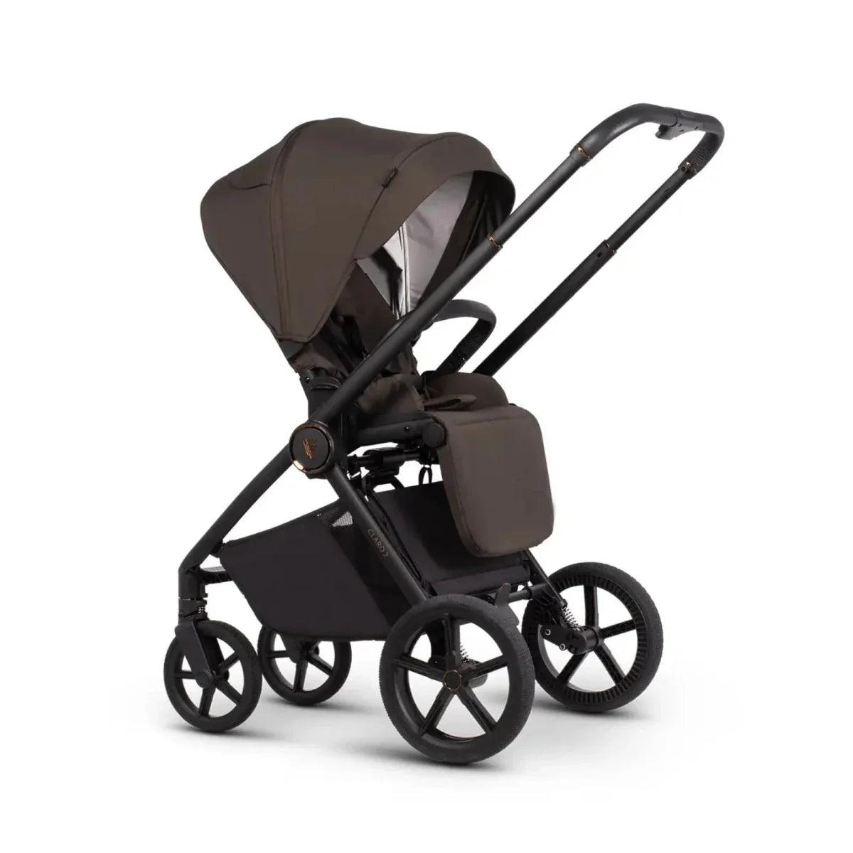 Chocolate pushchair with seat unit and carrycot canopy, black frame and wheels