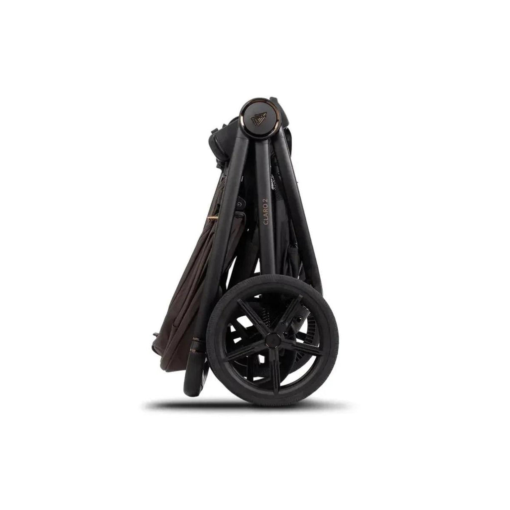 Chocolate stroller chassis with folded frame and large black wheels