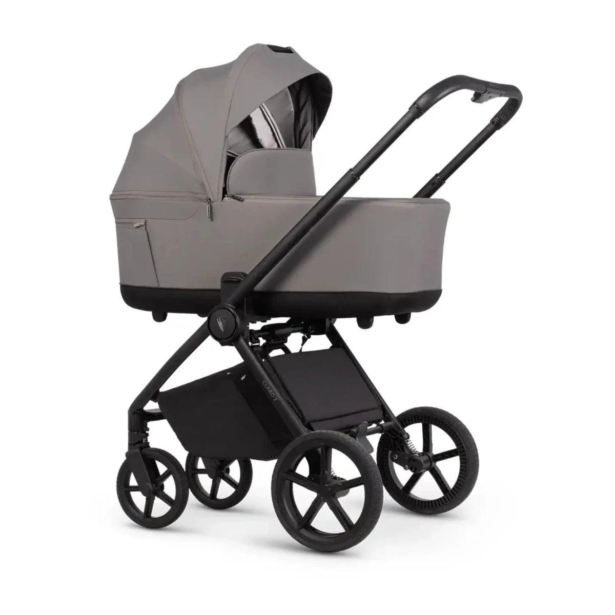 Venicci Claro stroller in Fog with two-seat setup, canopy, and large black wheels