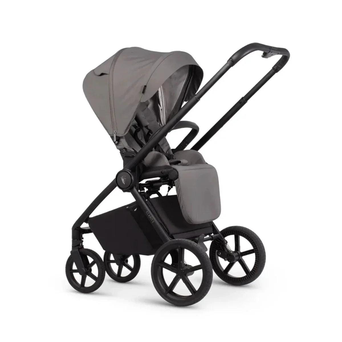 Venicci Claro stroller in Fog with carrycot, seat, and canopy detail on black frame