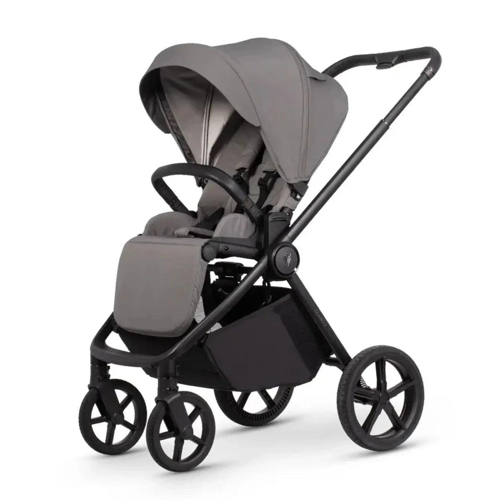 Venicci Claro stroller in Fog with adjustable canopy, seat unit, and front wheel view