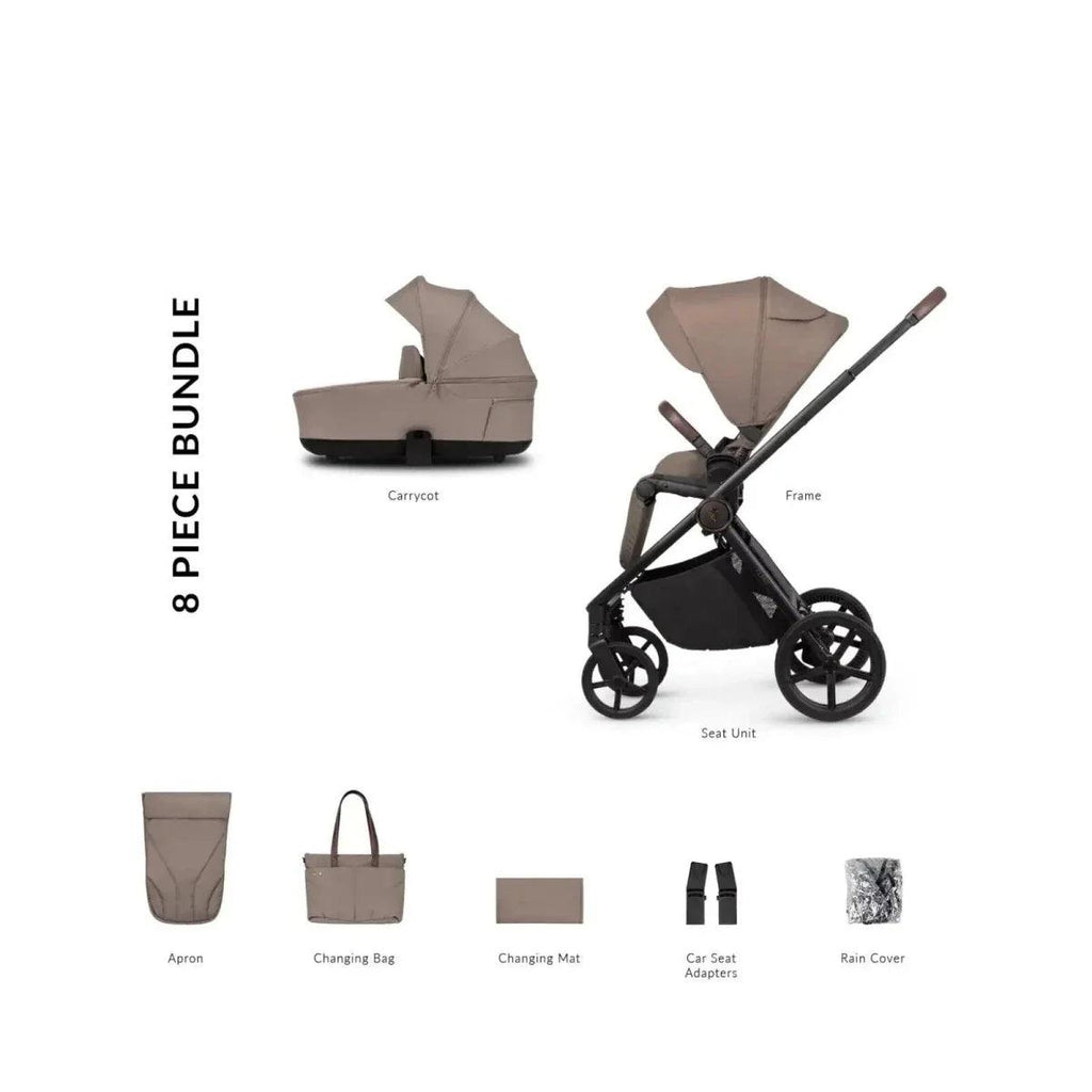 Almond 2-in-1 stroller bundle with carrycot, frame, and accessories set