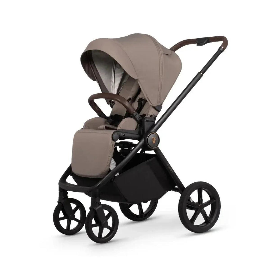 Almond stroller seat with footrest and canopy, black wheels and frame