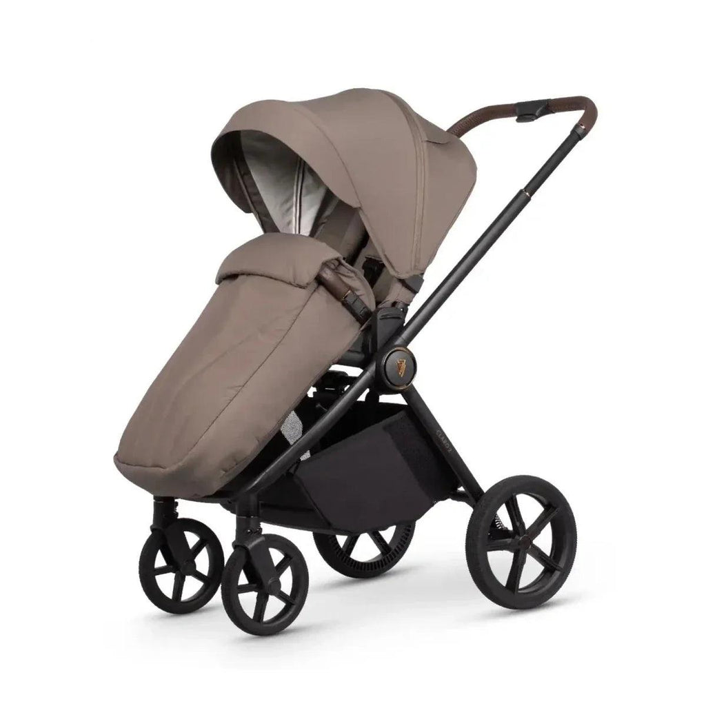Almond stroller seat with extended canopy and black under-seat basket