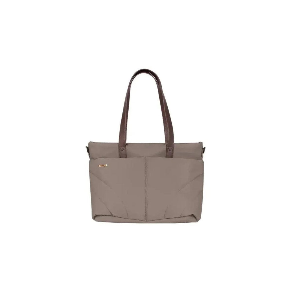 Almond tote-style changing bag with top handles and front pocket