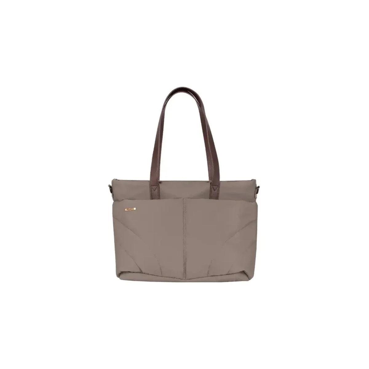 Almond tote-style changing bag with top handles and front pocket