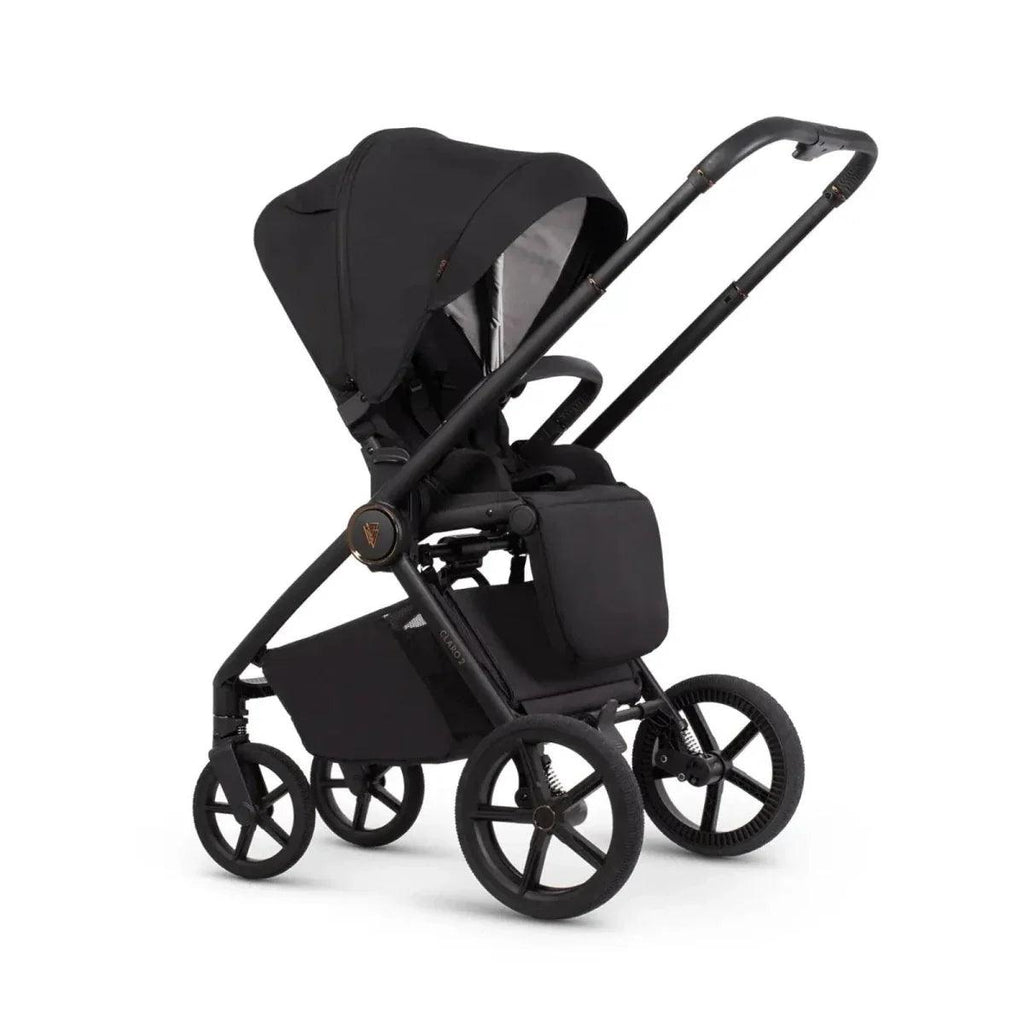 Black 2-in-1 stroller with carrycot and seat, side view
