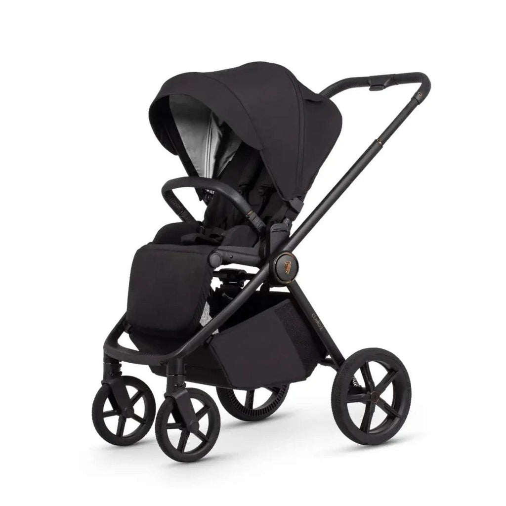 Black 2-in-1 stroller with carrycot and seat pads, three-quarter view