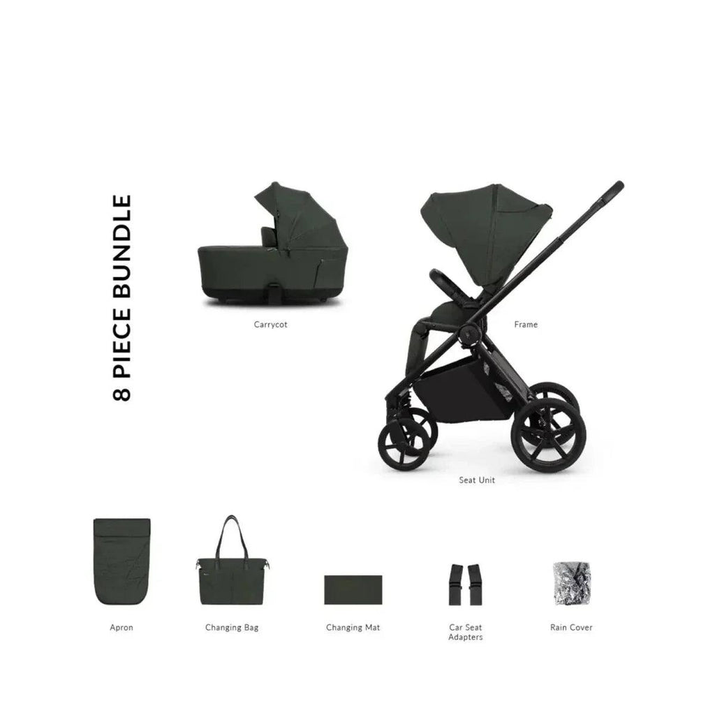 Forest 2-in-1 stroller bundle with carrycot and seat, plus accessories (apron, bag, mat).