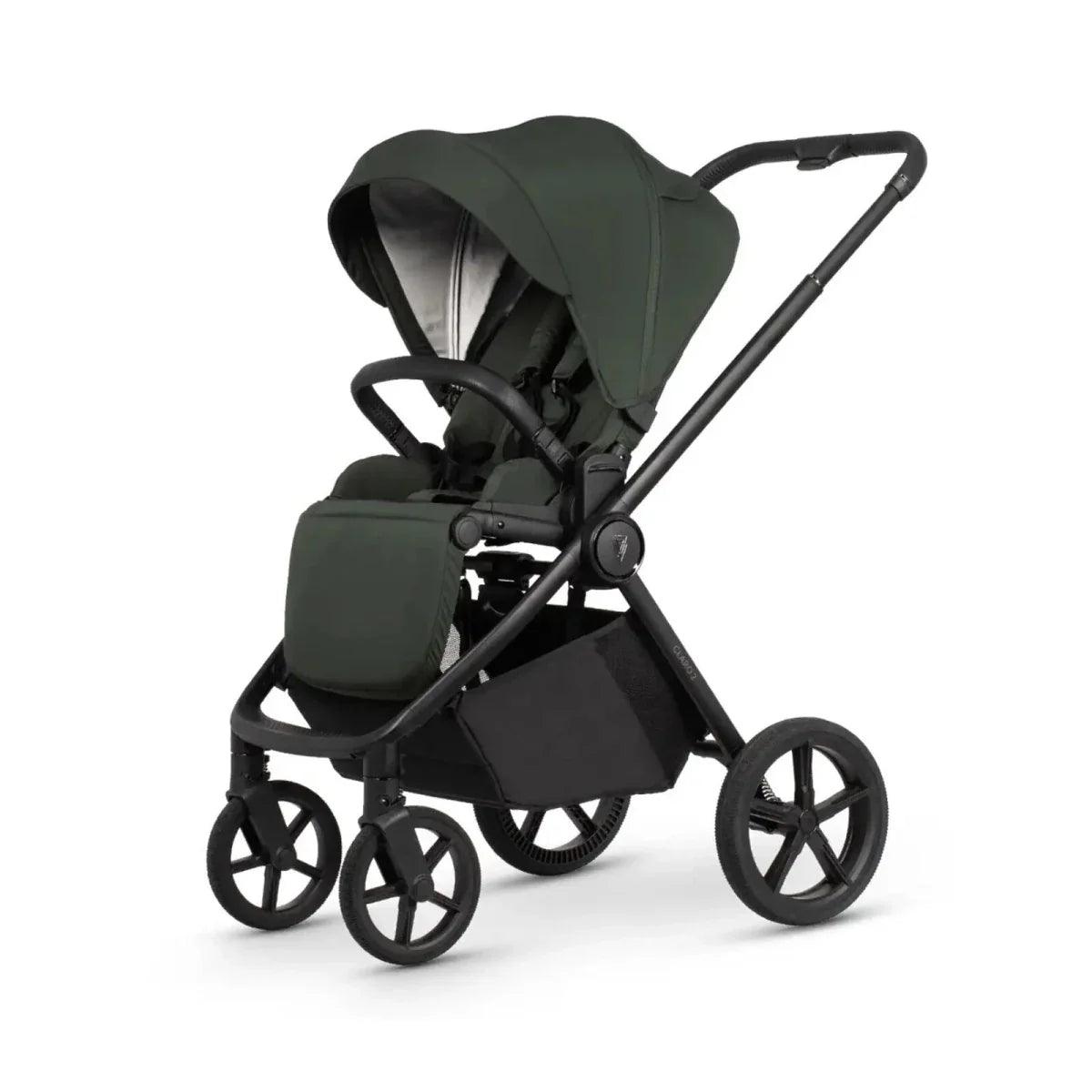 Forest 2-in-1 stroller with carrycot and seat attachments, canopy and black wheel base.