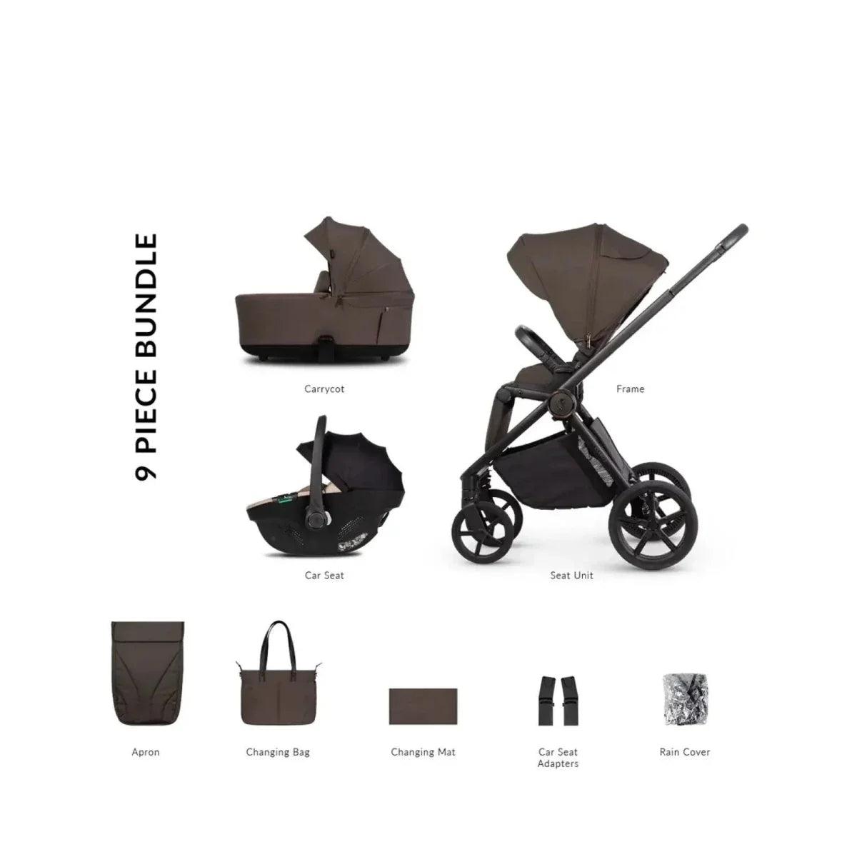 Stroller comfort bundle set with carrycot, seat unit, adapters, and matching accessories
