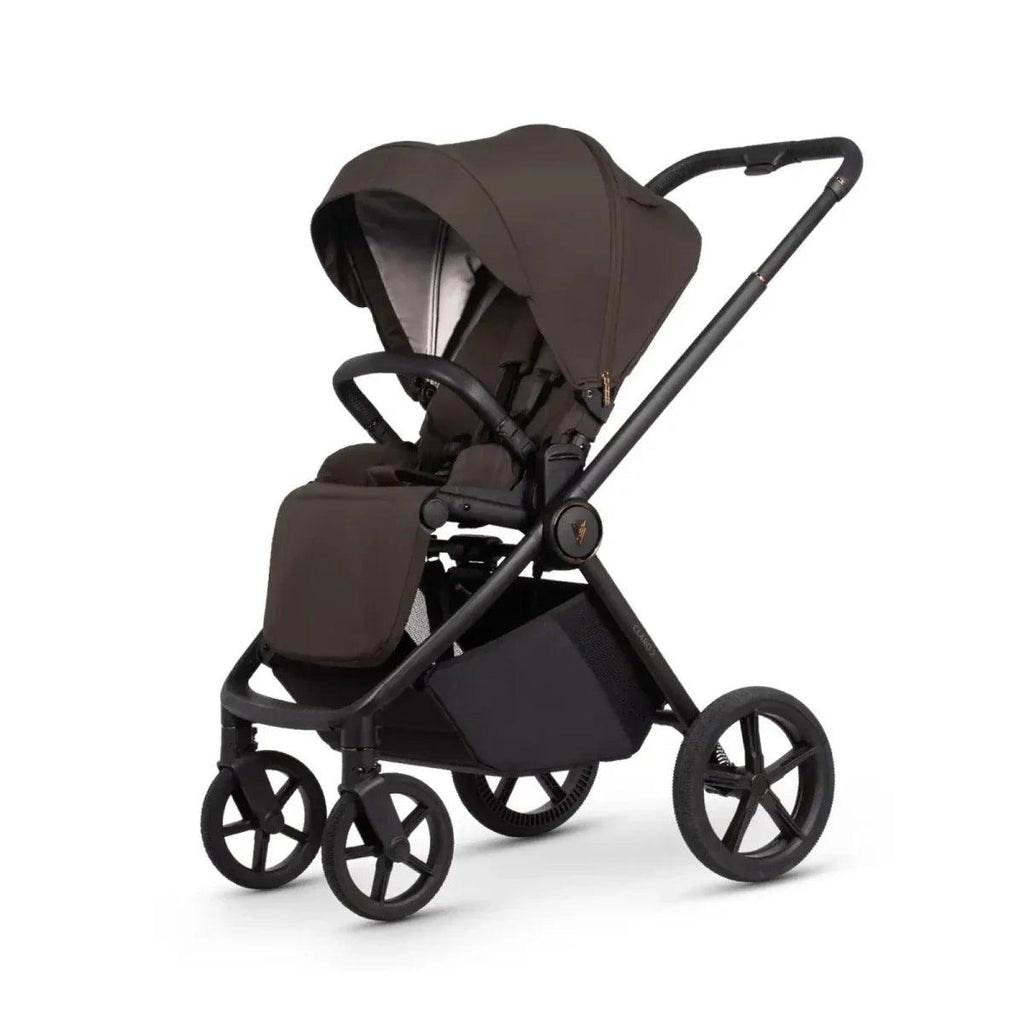 Side view 3-in-1 stroller with beige-brown carrycot, seat unit, and black frame
