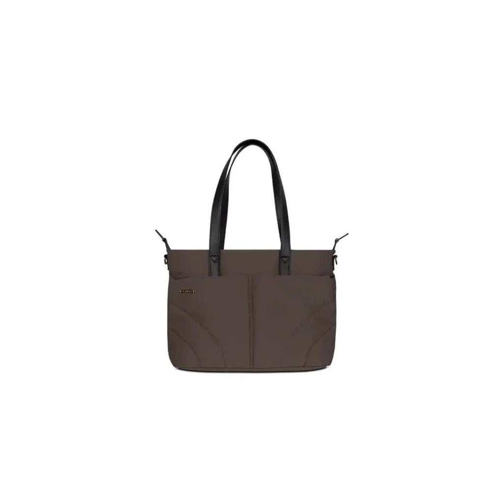 Beige-brown changing bag tote with top handles and front panel pocket