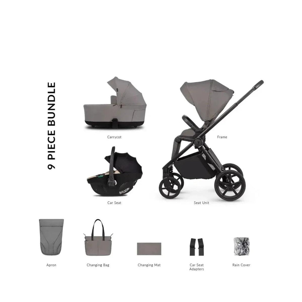 Baby stroller travel bundle set with beige/fog carrycot, car seat, and accessories