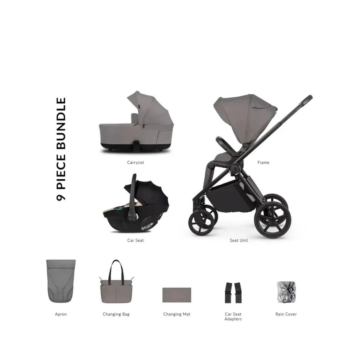Baby stroller travel bundle set with beige/fog carrycot, car seat, and accessories