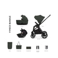 9-piece stroller bundle with carrycot, seat, and accessories in dark green