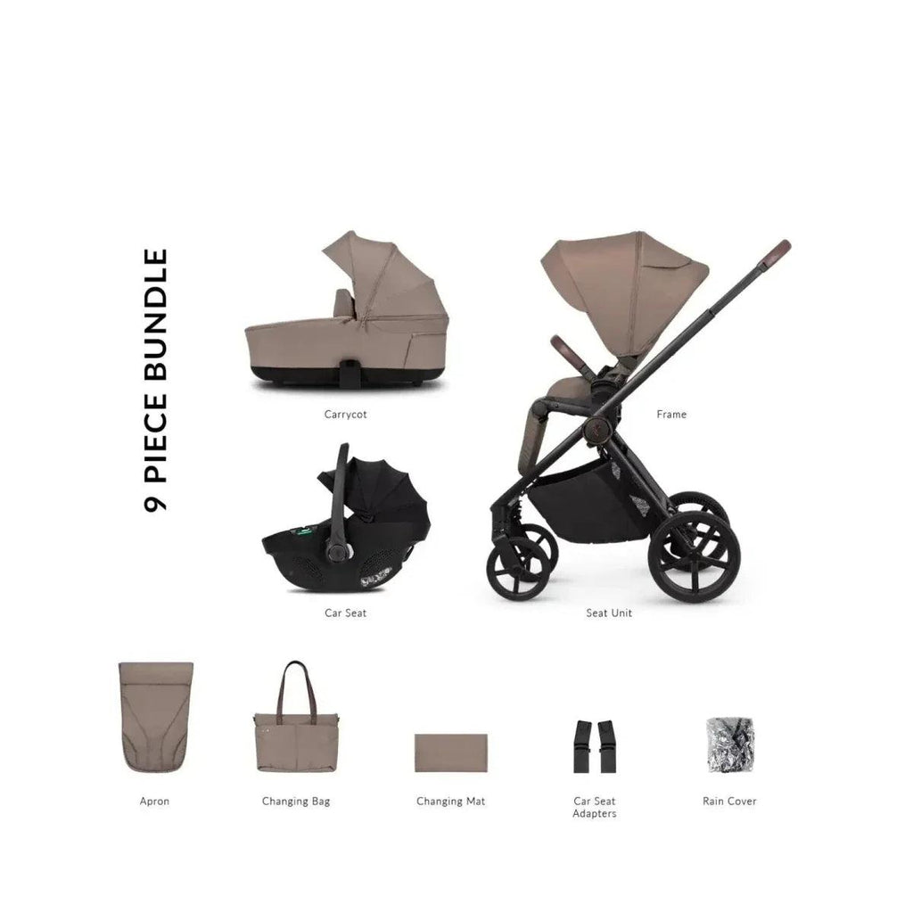 9-piece stroller comfort bundle with carrycot, car seat, apron, changing bag, and accessories