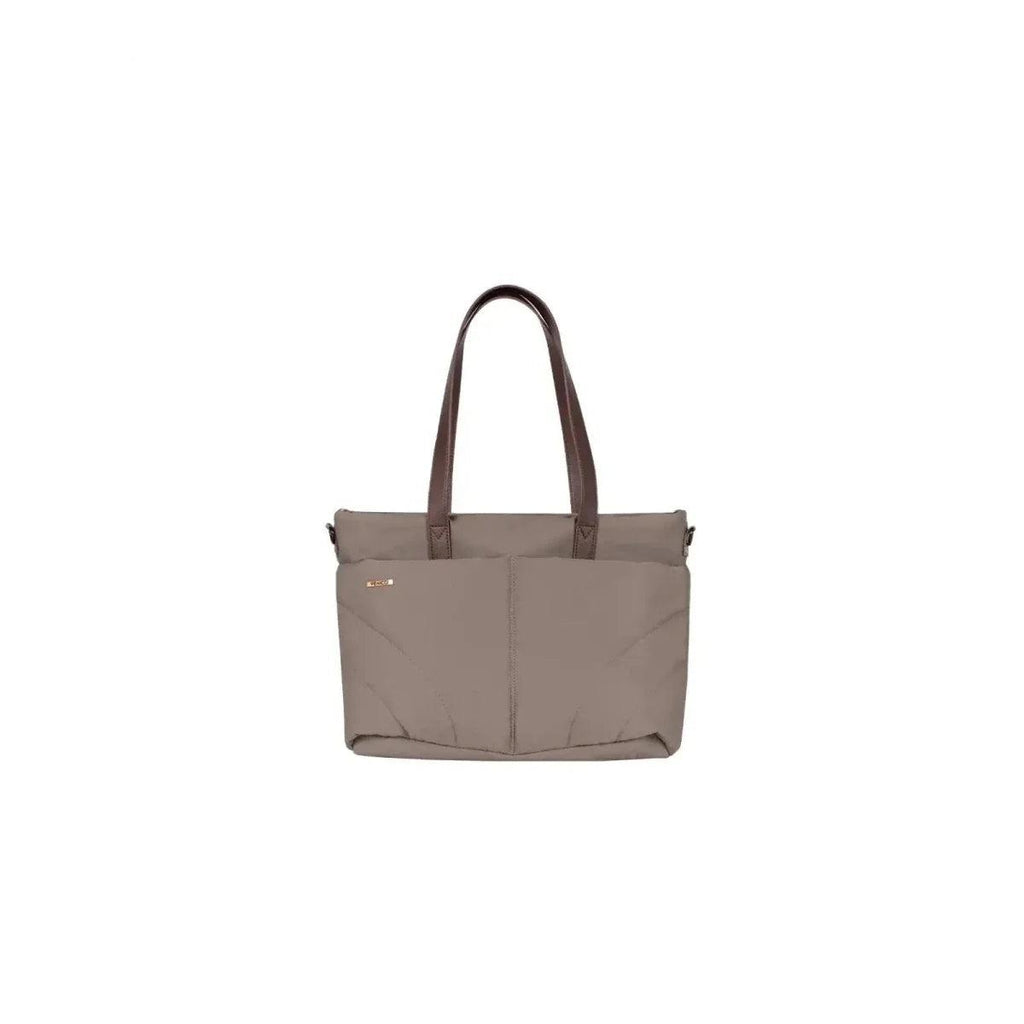 Almond changing bag with brown handles and stitched front panel