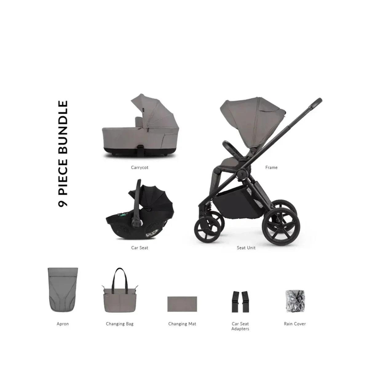 9-piece stroller comfort bundle: carrycot, seat unit, bag, mat, adapters, rain cover