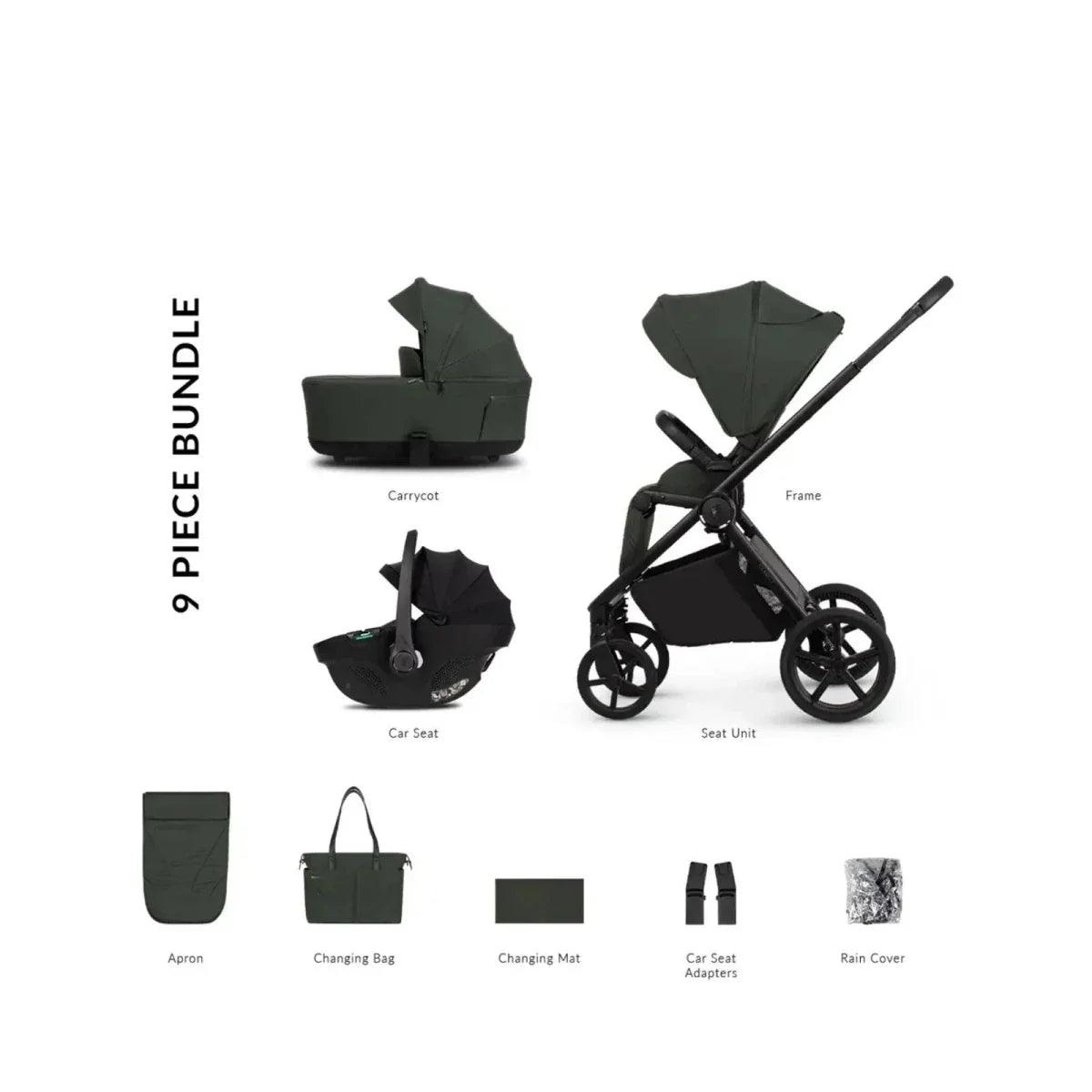 9-piece stroller bundle with carrycot, car seat, frame, apron, changing bag and mat