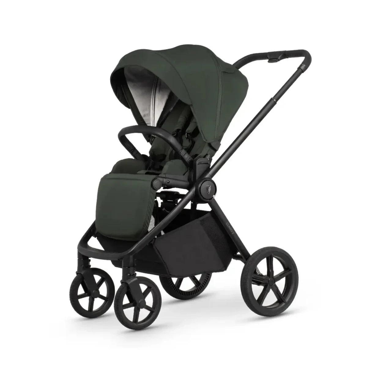 Dark green stroller with carrycot, black frame, and under-storage basket