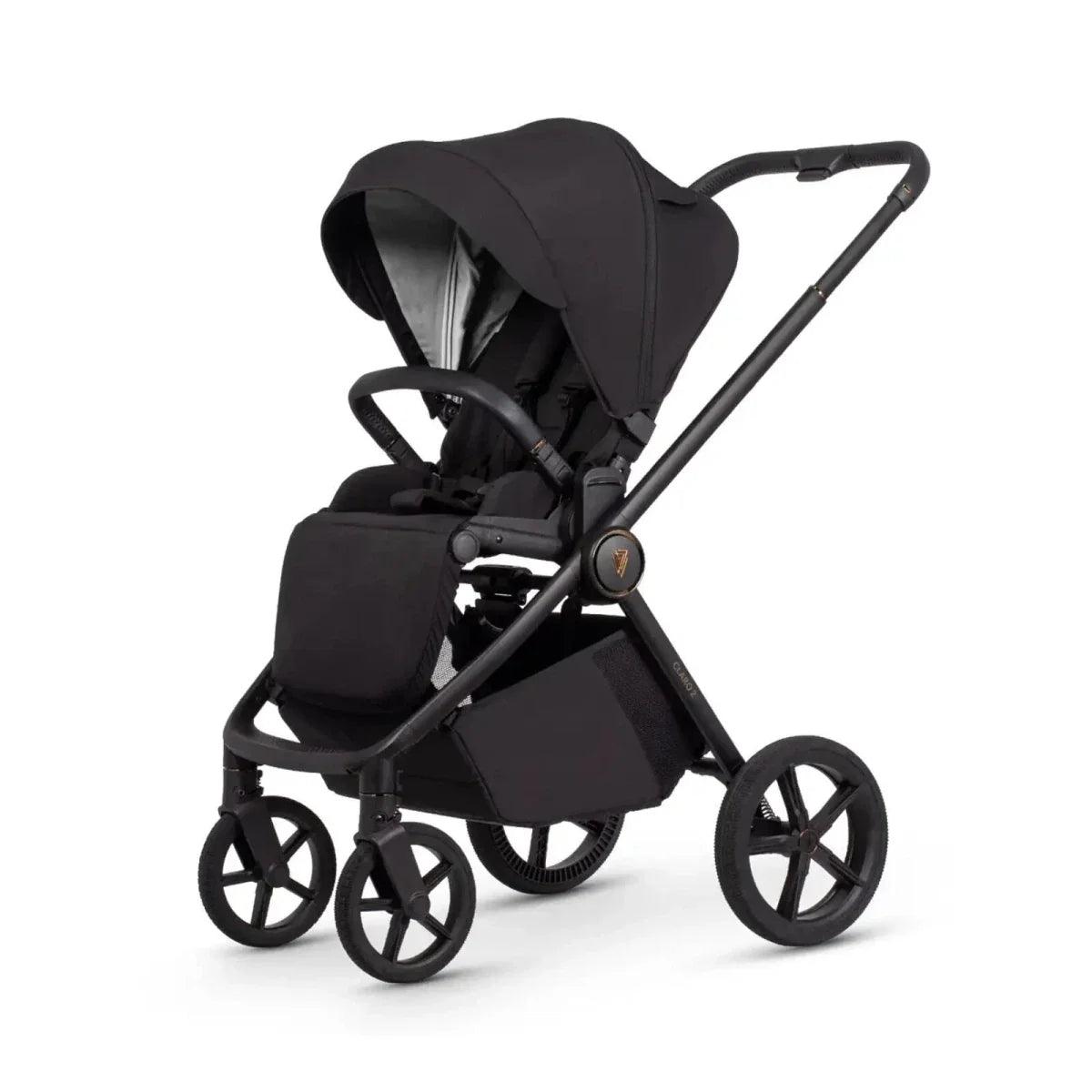 Black stroller with carrycot and seat unit, rear 3/4 view